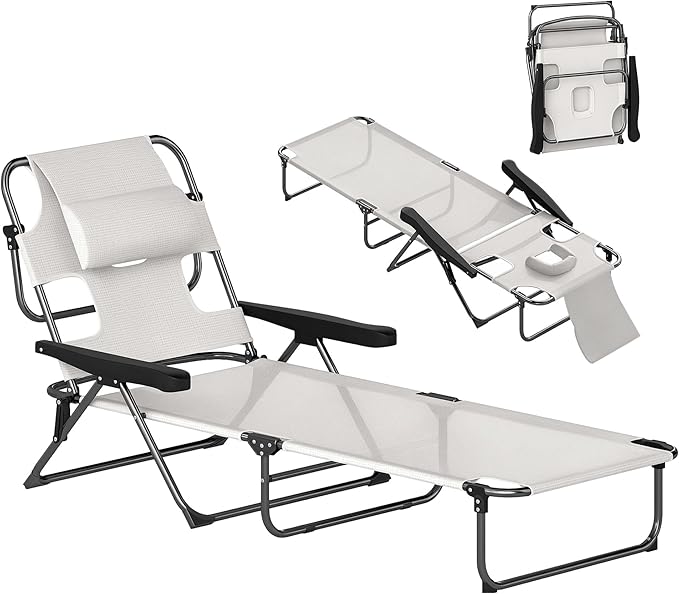Outsunny Tanning Chaise Lounge Chair, 4-Position Beach Chair with Face & Arm Holes, Pillow headrest - Photo 1