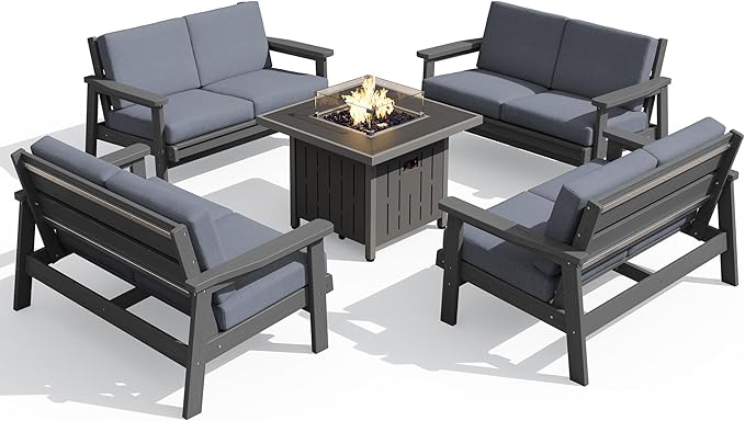 SERWALL Patio Furniture Set with 33” Fire Pit Table, HDPE Outdoor Sectional Sofa Set with Thickened Cushions - Photo 1