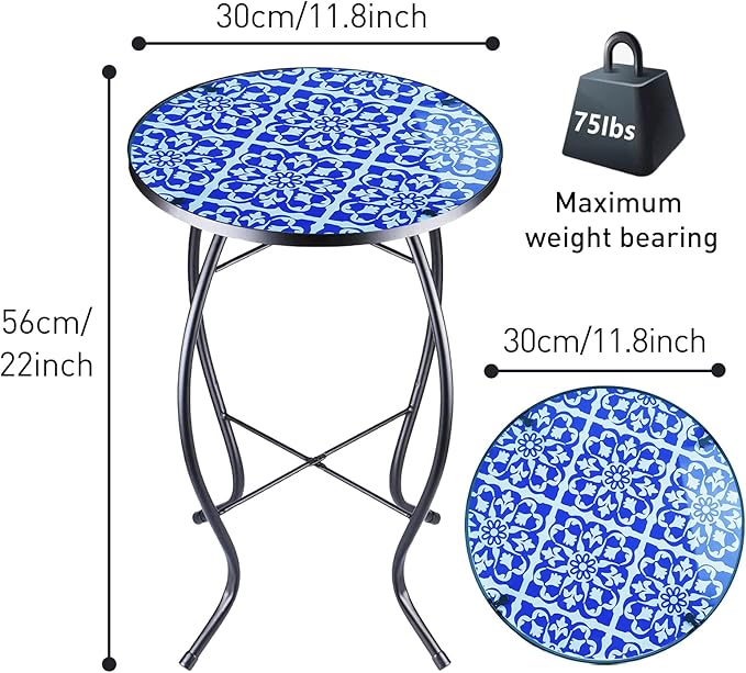 12 Inch Small Outdoor Side Table with Blue-White Mosaic, Glass Mosaic Patio Table Indoor - Photo 4