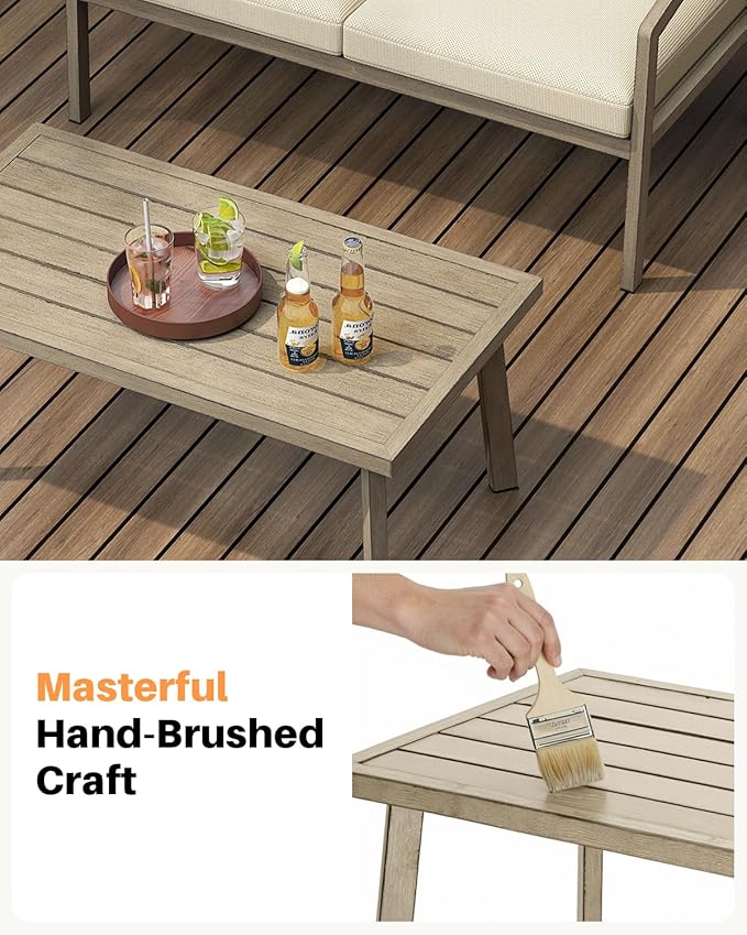 Patio Coffee Table, Never-Rust Aluminum Outdoor Coffee Table with Wood Grain Texture, Modern Rectangle Garden Coffee Table with Slatted Tabletop for Poolside, Decks, Indoor, Balcony, Gray Oak | Never-Rust, Wood Grain Texture, Slatted Tabletop