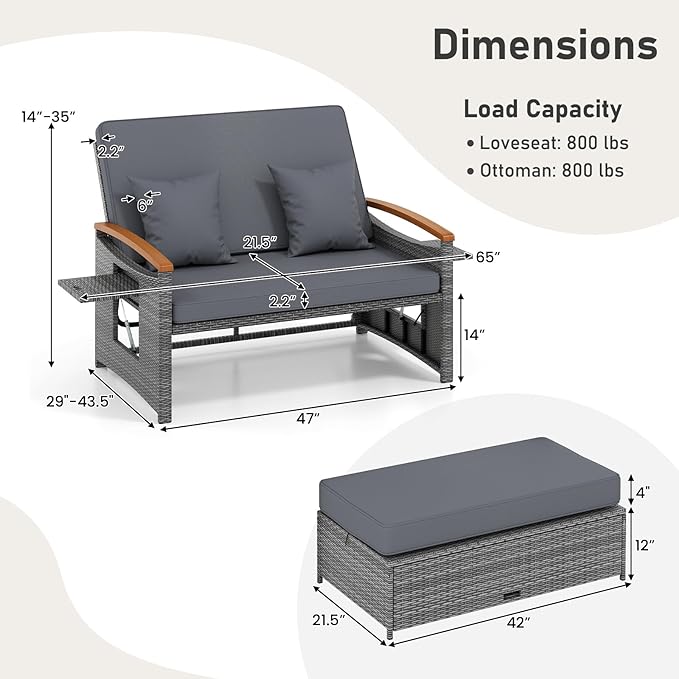 LDAILY Moccha Outdoor Wicker Daybed, Patio Rattan Loveseat Sofa w/ 4-Level Adjustable Backrest, Folding Panels - Photo 8