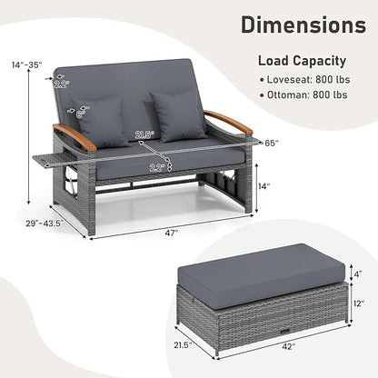 LDAILY Moccha Outdoor Wicker Daybed, Patio Rattan Loveseat Sofa w/ 4-Level Adjustable Backrest, Folding Panels, Storage Ottoman & Cushions, Lounge Furniture Set for Poolside Backyard Porch (Grey)
