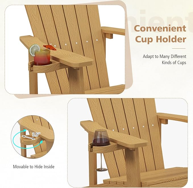 Tangkula Oversized Adirondack Chair, Patio Lounge Chairs w/Adjustable Cup Holder, HIPS Armchairs Slatted Chair, Outdoor Weather Resistant Fire Pit Chair for Deck Backyard Garden Porch (1, Teak)