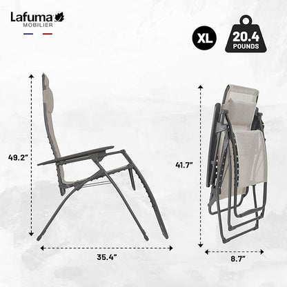 Lafuma Futura XL Zero Gravity Outdoor Steel Framed Lawn Recliner Chair with Armrest, Extra Wide Recliner, and Adjustable Neck Pillow, Seigle