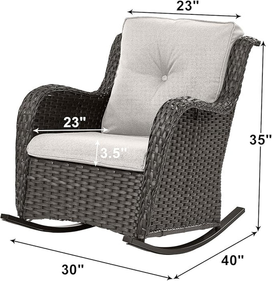 Rilyson Patio Chairs Outdoor Rocking Chair - 2 Piece Wicker Rattan Rocker Chairs Set with High Back and Deep Seating for Porch Deck Garden Backyard(Brown/Beige)
