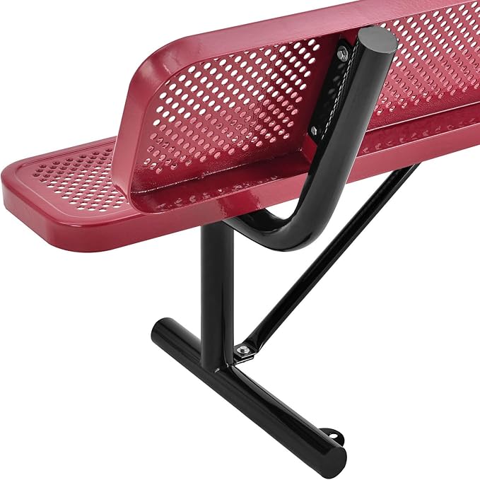 Global Industrial 6'L Heavy Duty Outdoor Steel Picnic Bench with Backrest, Perforated Metal, Portable Outdoor Bench, 1000 lbs Capacity, Red, 72" L x 24" W x 33" H