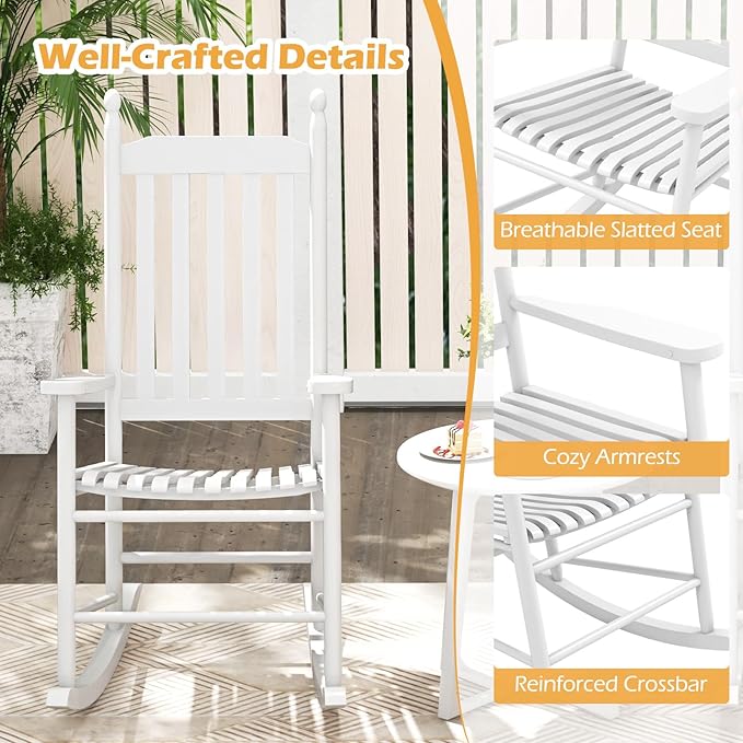 Giantex Outdoor Rocking Chair Set of 2, All Weather Patio Rocker w/Solid Rocking Base & High-Back, Slatted Seat & Back, Acacia Wood Porch Rocker, Wooden Patio Rocking Chair for Backyard, White