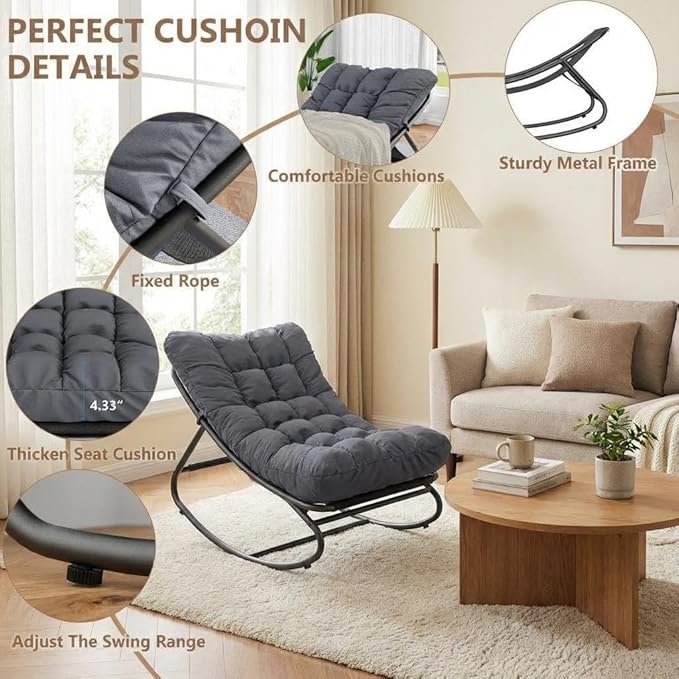 GarveeLife Outdoor Rocking Chair with Cushion, Metal Frame Patio Glider Chair with Oxford Fabric Seat, Thick Padded Lounge Rocker for Garden, Porch, Balcony & Backyard – Gray