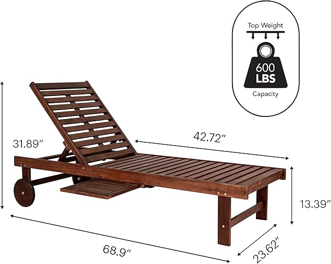JONATHAN Y PAT1003B Seabrook 69 x 24 Inch Outdoor Acacia Wood Lounger with Cushion, 5-Position Back, Slide Table & Wheels for Garden, Lawn, Backyard, Pool, Deck, Beach, Firepit, Light Brown