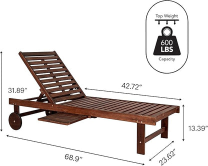 JONATHAN Y PAT1003B Seabrook 69 x 24 Inch Outdoor Acacia Wood Lounger with Cushion, 5-Position Back, Slide Table & Wheels for Garden, Lawn, Backyard, Pool, Deck, Beach, Firepit, Light Brown