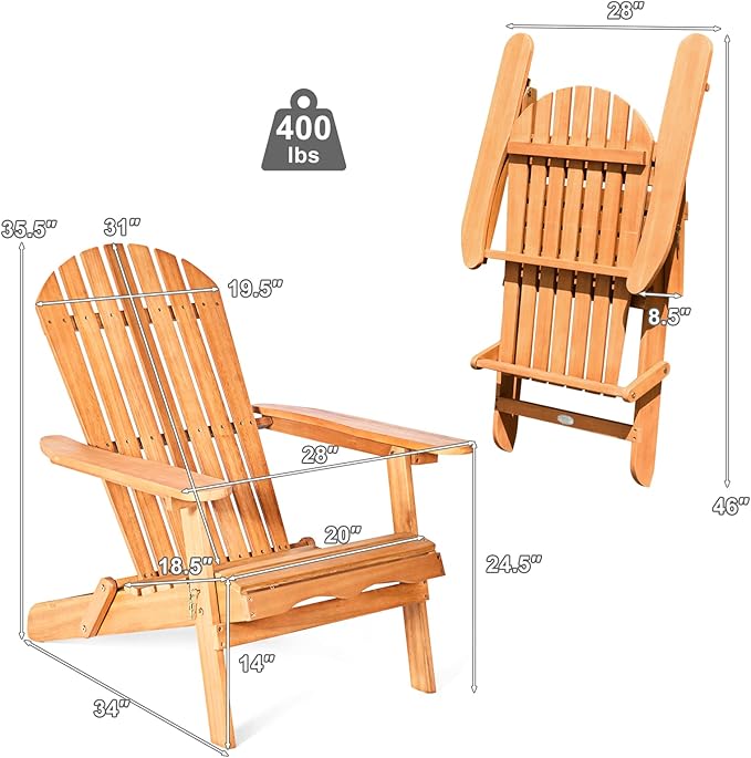 HAPPYGRILL Eucalyptus Wood Adirondack Chair Outdoor Folding Lounger Chair for Porch Deck Patio Poolside and Backyard