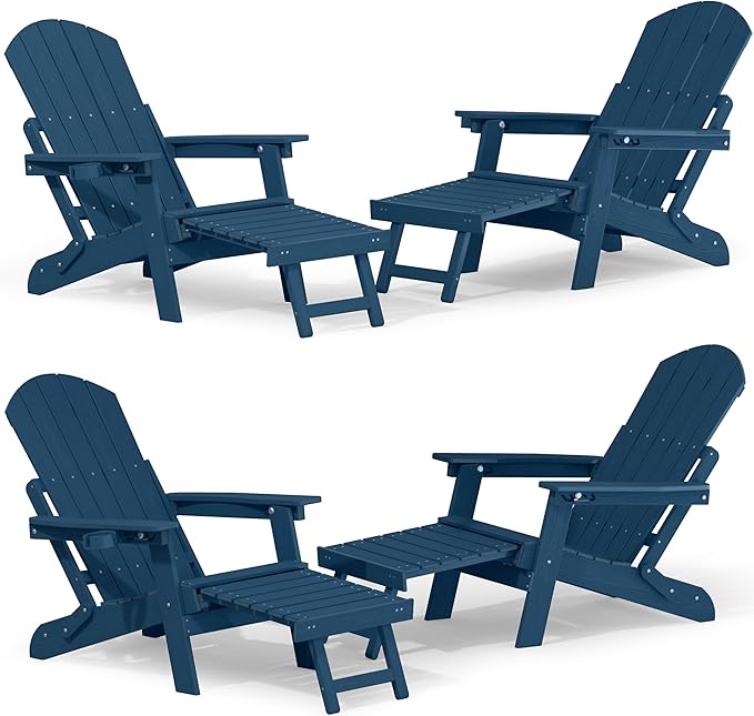 YEFU Adjustable Adirondack Chair with Footrest Set of 4, 5-Level Adjustable Adirondack Chair with Retractable Ottoman& Cup Holder, Folding Adirondacks Chairs Use for Outdoor, Pool, Fire Pit