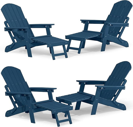 YEFU Adjustable Adirondack Chair with Footrest Set of 4, 5-Level Adjustable Adirondack Chair with Retractable Ottoman& Cup Holder, Folding Adirondacks Chairs Use for Outdoor, Pool, Fire Pit
