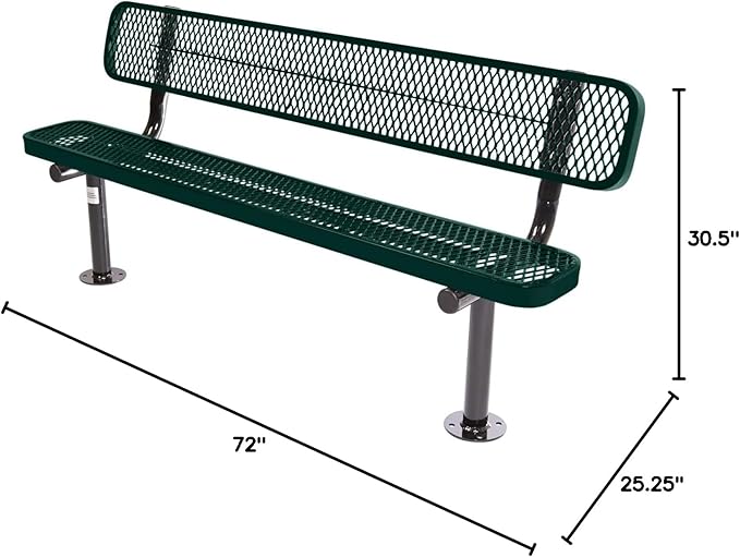 COATEDOUTDOORFURNITURE Coated Outdoor Furniture Heavy-Duty Outdoor Bench Thermoplastic Coated, Expanded Metal, Commercial-Grade Seating, Made in America (Surface with Back, 6 Ft, Dark Green)