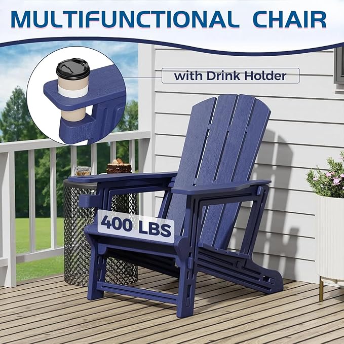 FONTOI Adirondack Chair, Plastic Adirondack Chair with Cup Holder, Outdoor Weather Resistant Lawn Furniture, 400 LBS Capacity Recliner, Garden Backyard Patio Without Screws Install, Navy Blue