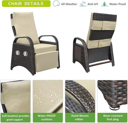 ATR ART TO REAL Outdoor Recliner Chairs, PE Wicker Reclining Lounge Chair with Removable Soft Cushion, Adjustable Outside Recliners for Patio, Porch, Poolside, Balcony, Lawn (Khaki, 1 PC)