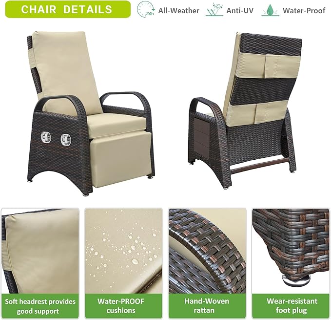 ATR ART TO REAL Outdoor Recliner Chairs, PE Wicker Reclining Lounge Chair with Removable Soft Cushion, Adjustable Outside Recliners for Patio, Porch, Poolside, Balcony, Lawn (Khaki, 2 PCS)