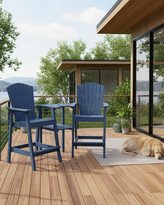 Tall Adirondack Chairs Set of 2, Heavy-Duty Patio Bar Chairs for Deck & Poolside (Dark Blue, 2-PC Bar Chair Set)