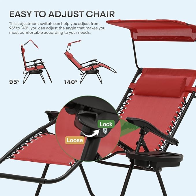 Athena Collection Folding Zero Gravity Chair with Canopy, Adjustable Lounge Chair Recliner, Outdoor Lawn Chair Camping Chairs Beach Chaise Chairs with Headrest & Cup Holder for Patio Pool, Maroon