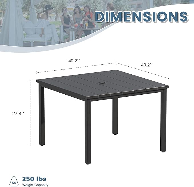 DIFY 40.2" Square Outdoor Dining Table for 4, Slatted Metal Patio Table with Adjustable Umbrella Hole - Photo 3