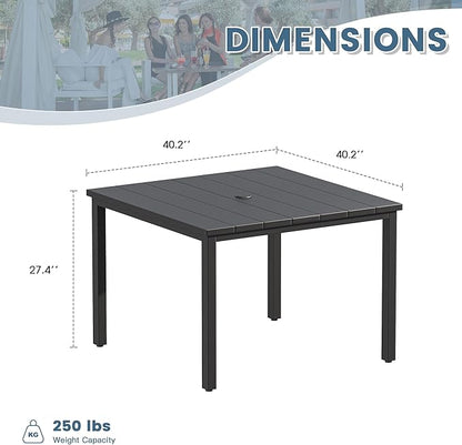 DIFY 40.2" Square Outdoor Dining Table for 4, Slatted Metal Patio Table with Adjustable Umbrella Hole, All-Weather Patio Dining Table for Garden Backyard Deck, Black Tabletop