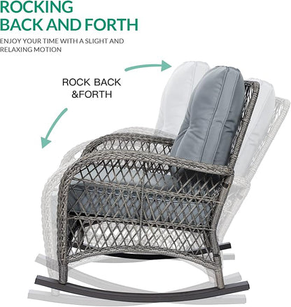 VIVIJASON 2 Piece Patio Wicker Rattan Rocker Chair, Outdoor Rattan Rocker Chair with Cushions & Steel Frame, All-Weather Rocking Lawn Wicker Furniture for Garden Backyard Porch (Grey)