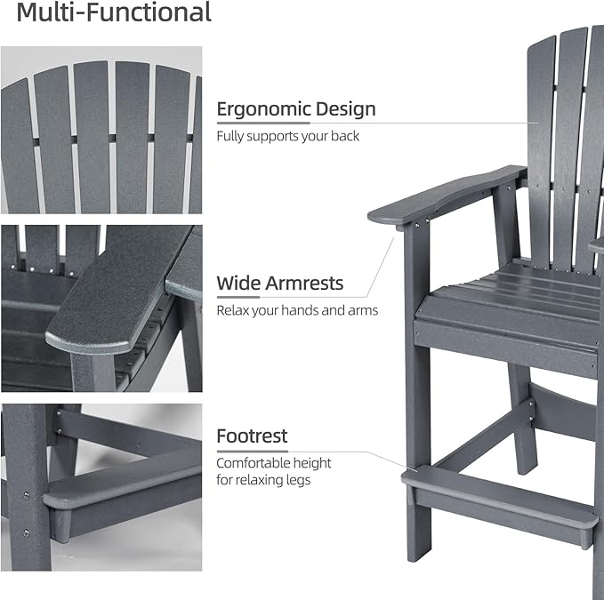 Aoodor Tall Adirondack Chairs Set of 2,HDPE Patio Bar Stool with Connecting Tray,All-Weather Balcony Chair for Outdoor Backyard, Garden, Yard - Gray