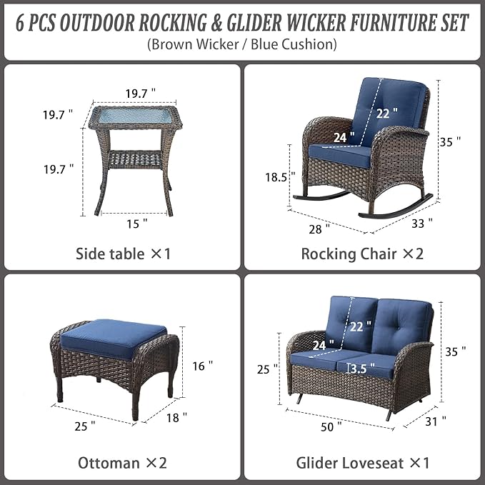 Belord 6 Pieces Outdoor Patio Furniture Set with Wicker Rocking Chairs, Rattan Patio Conversation Set with Glider Loveseat Ottomans and Side Table Brown/Blue