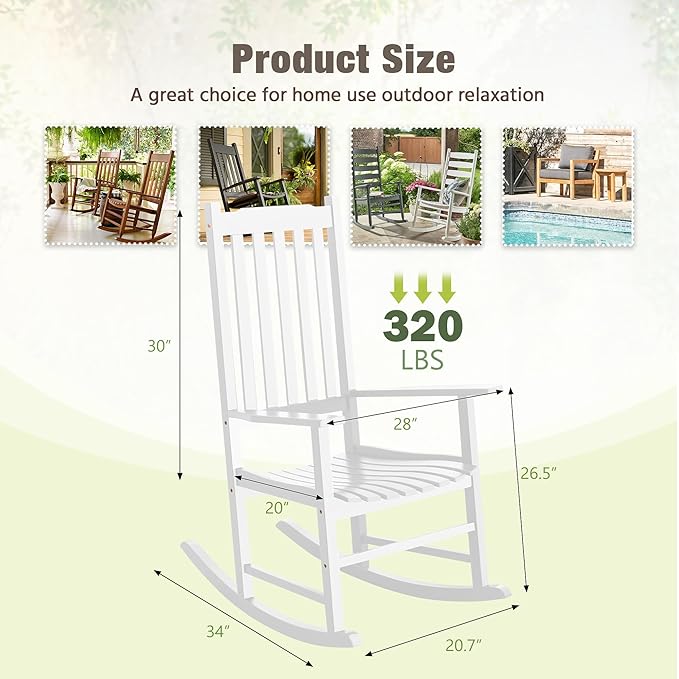 Greesum Outdoor Rocking Chairs Set of 2, Acacia High Back Oversized All-Weather Lounge Rocker with 320 lbs of Support for Patio, Garden, Deck, Porch,White
