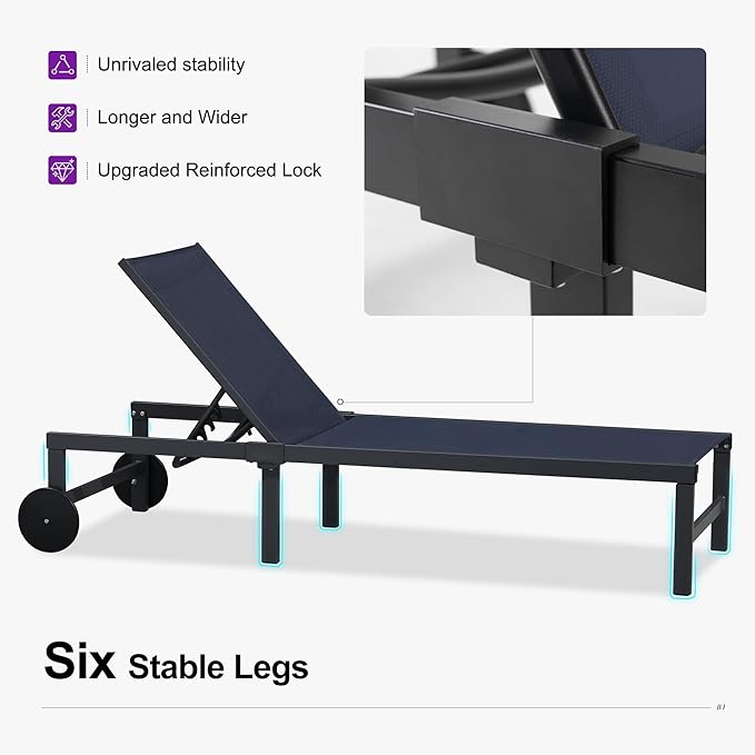 PURPLE LEAF Outdoor Chaise Lounge Chairs Set Recliner Aluminum Adjustable Chair with Wheels and Side Table for Poolside Beach Patio Sunbathing Lounger, Navy Blue