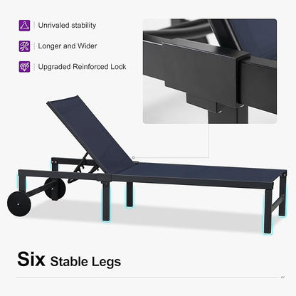 PURPLE LEAF Outdoor Chaise Lounge Chairs Set Recliner Aluminum Adjustable Chair with Wheels and Side Table for Poolside Beach Patio Sunbathing Lounger, Navy Blue
