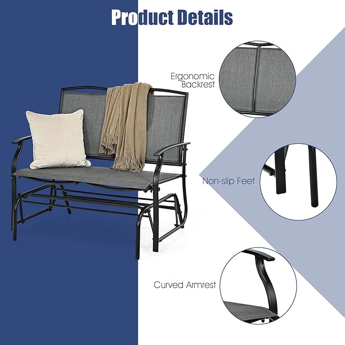 Giantex Patio Glider Benches for Outside, Swing Glider Chair with Steel Frame, 400 LBS Capacity, Patio Swing Rocker - Photo 8