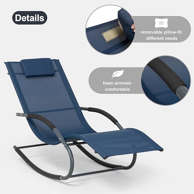 Outdoor Lounge Chair with Pillow, Pool Chaise Lounge Chair Set of 2, Navy Blue - Photo 4