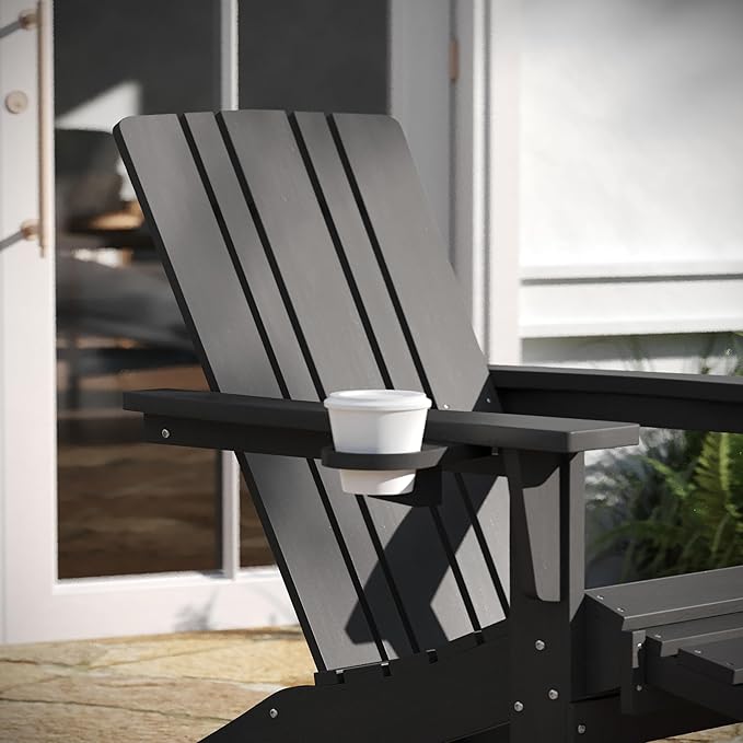 Taylor & Logan Hedley Adirondack Chair with Cup Holder and Pull Out Ottoman, All-Weather HDPE Indoor/Outdoor Lounge Chair in Gray, Set of 2