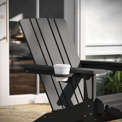 Taylor & Logan Hedley Adirondack Chair with Cup Holder and Pull Out Ottoman, All-Weather HDPE Indoor/Outdoor Lounge Chair in Gray, Set of 2