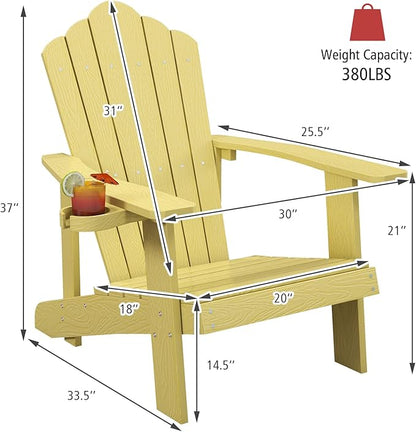 Tangkula Oversized Adirondack Chair, Patio Lounge Chairs w/Adjustable Cup Holder, HIPS Armchairs Slatted Chair, Outdoor Weather Resistant Fire Pit Chair for Deck Backyard Garden Porch (1, Yellow)