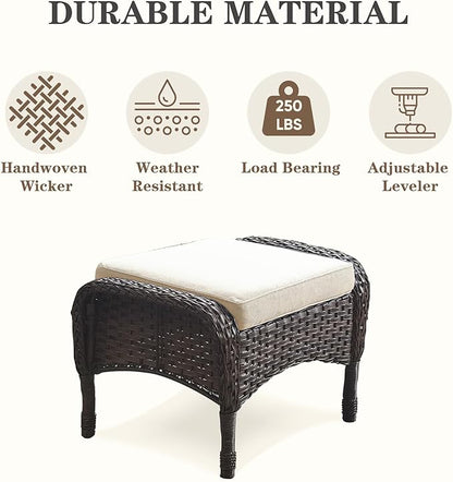 Belord Outdoor Ottomans for Patio Foot Rest - 25 Inch PE Wicker Foot Stool Set of 2 with Removable Cushions for Patio Furniture Sets,All Weather Rattan Ottoman for Balcony Backyard Brown