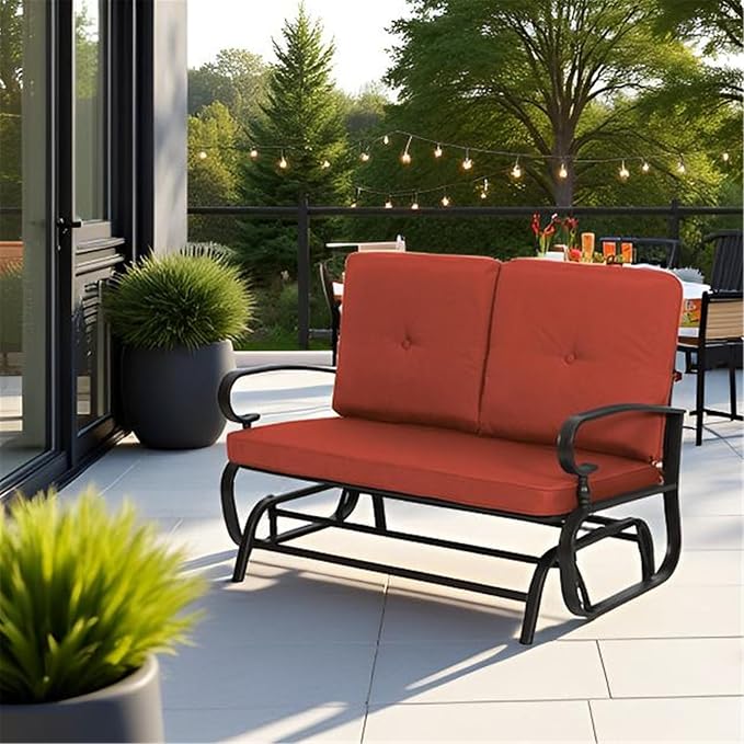 SUNCROWN Outdoor Swing Glider Chair, Patio 2 Seats Loveseat Rocking Chair with Cushions, Steel Frame Furniture-Red - Photo 3