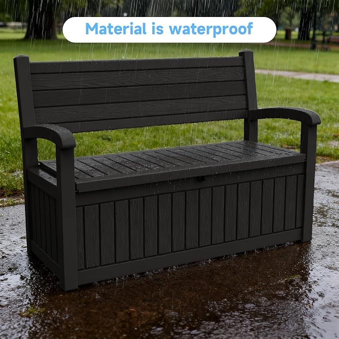 51.06" L x 24.17" W x 35.24" H Outdoor Storage Bench - 70 Gallon Weather-Resistant Resin Rattan-Look Seat (500 lbs Capacity) (Black)