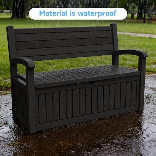 51.06" L x 24.17" W x 35.24" H Outdoor Storage Bench - 70 Gallon Weather-Resistant Resin Rattan-Look Seat (500 lbs Capacity) (Black)