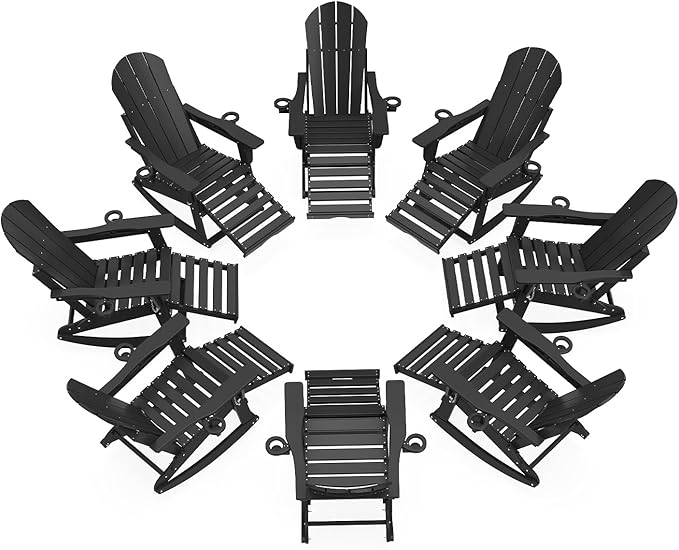 Adirondack Rocking Chairs Set of 6 with Retractable Ottoman, All Weather Folding Adirondack Chair with Two Cup Holders, Adirondack Outdoor Rocking Chairs for Porch, Patio, Balcony. Black
