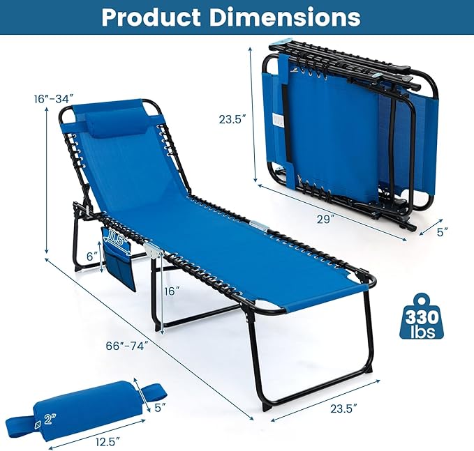 Goplus Chaise Lounge Chair, Outdoor Folding 5-Postion Beach Lounge Chair with Detachable Pillow, Side Pocket - Photo 3