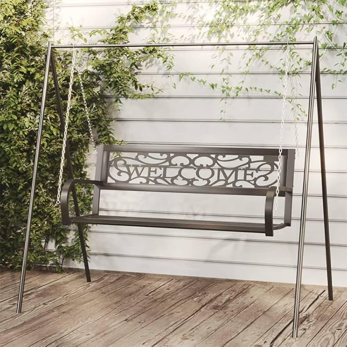 Black Steel and Plastic Hanging Garden Swing Bench with Mounting Hardware for Outdoor Relaxation, Spacious Seating for Two Adults, Durable and Elegant Design