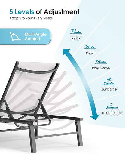 Ciokea Foldable Outdoor Lounge Chair, No Assembly Patio Chaise Lounge Outdoor with 5-Positions, Aluminum Pool Lounge Chair with Portable Design for Pool, Beach, Deck, Backyard, White