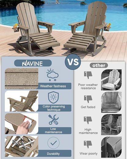 Adirondack Rocking Chairs Set of 8 with Retractable Ottoman, All Weather Folding Adirondack Chair with Two Cup Holders, Adirondack Outdoor Rocking Chairs for Porch, Patio, Balcony. Brown