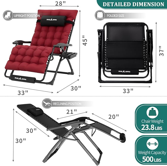 UDPATIO Zero Gravity Chair Oversized Outdoor Anti Gravity Chairs Patio Lounge Folding Adjustable Chair with Cup Holder, Foot Pad & Padded Headrest, Supports 500lbs (1, Red, 33in)