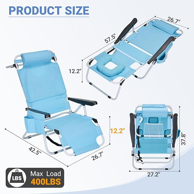 DoCred Heavy Duty Tanning Chair with Face Hole, Adjustable 5-Position Folding Chaise Lounge Chairs for Outside, Portable Lay Flat Beach Lounge Chair for Outdoor Sunbathing Beach Pool Lawn Camping