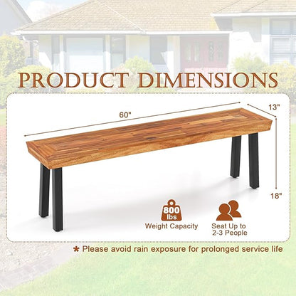 HAPPYGRILL Outdoor Acacia Wood Bench, 2-3 People Garden Benches with Slatted Top & Flared Metal Legs, Patio Dining Benches for Porch, Park & Backyard
