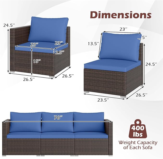 Tangkula 3 Seat Outdoor Wicker Sofa Set, Modular PE Rattan Patio Cushioned Sectional Couch Set, Outside Furniture Set for Deck, Backyard, Porch, Garden & Poolside (Brown-Navy)