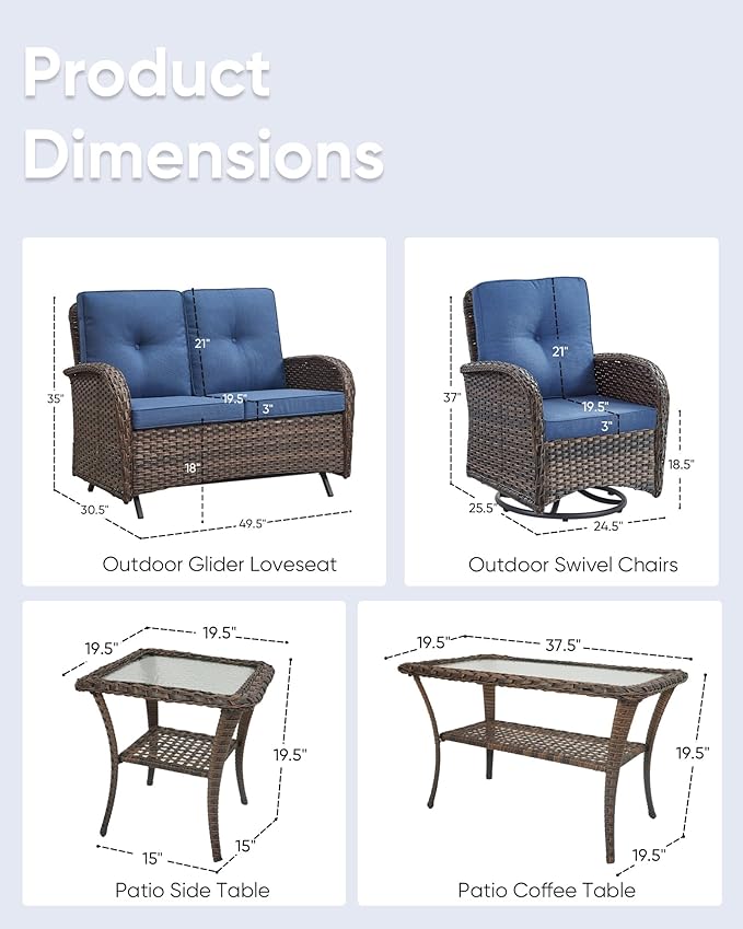 5-Piece Modern Wicker Patio Furniture Set - Outdoor Rocking Chairs, Glider Bench, Coffee Table - Brown/Blue
